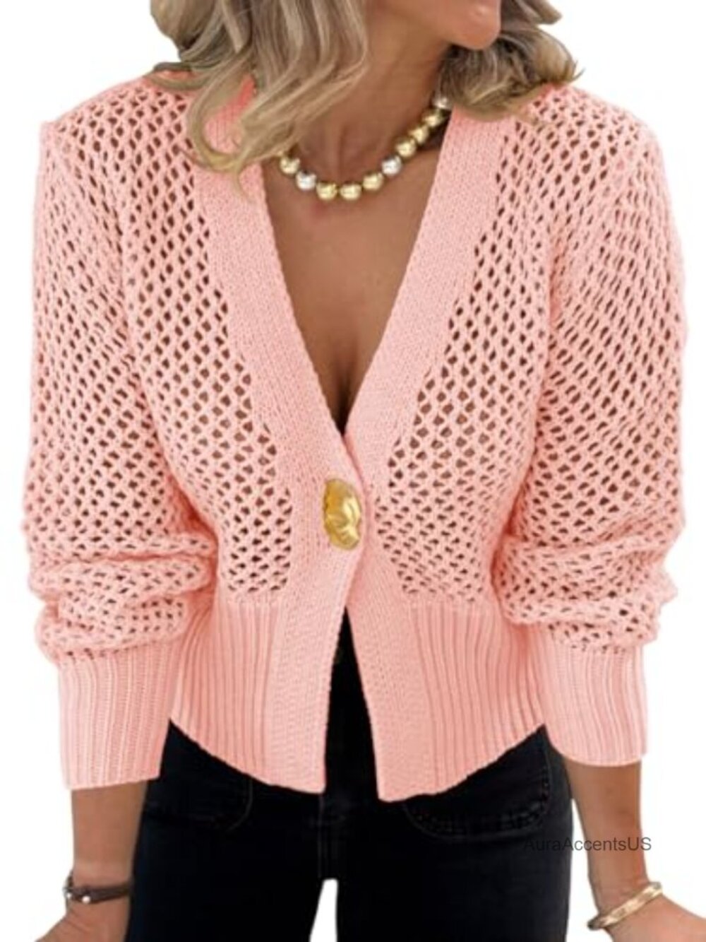 Women's Crochet Cropped Cardigan Knit Sweater Cover Up, Lantern Sleeves